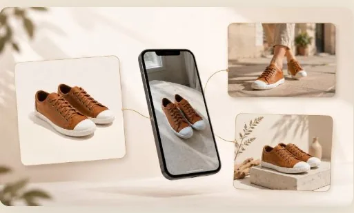 Uma foto de produto no celular virando várias imagens profissionais