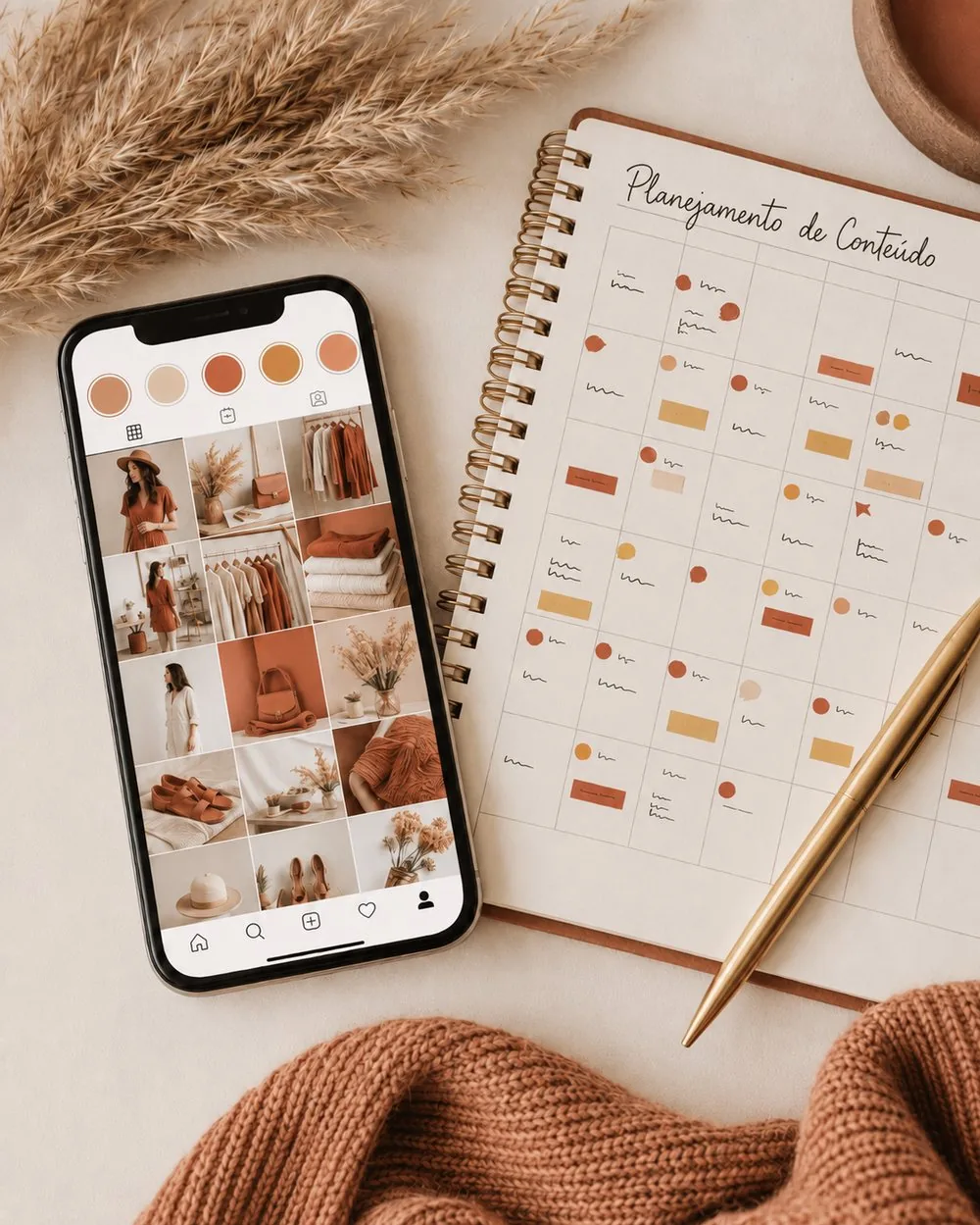 Feed de loja organizado e calendário de planejamento de conteúdo
